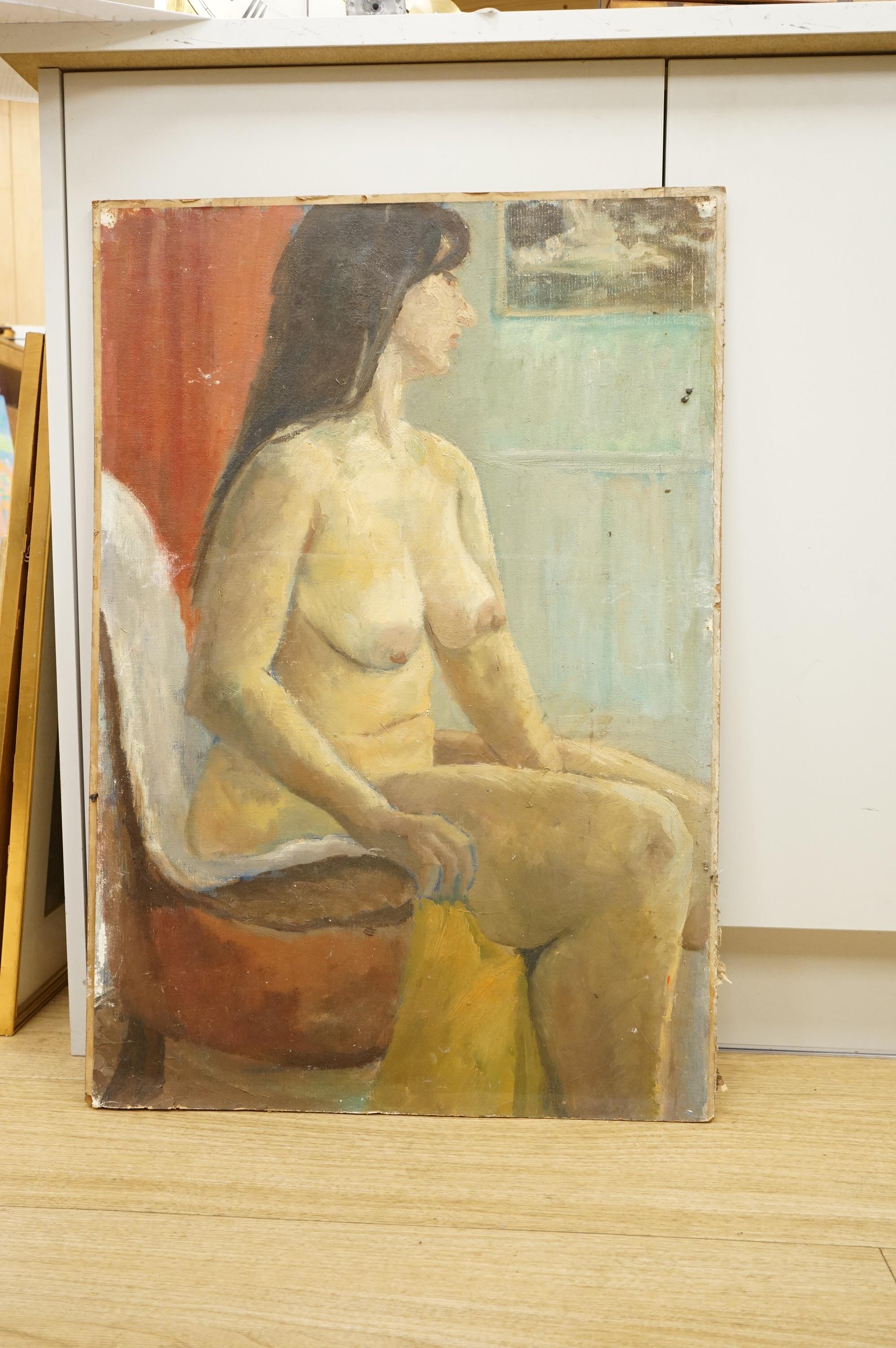 Modern British, Study of a nude woman, unsigned, unframed, oil on board, 75 x 52cm